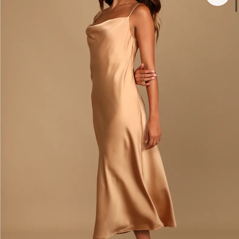 Lulu’s Saunter In Beige Cowl Neck Midi Slip Dress